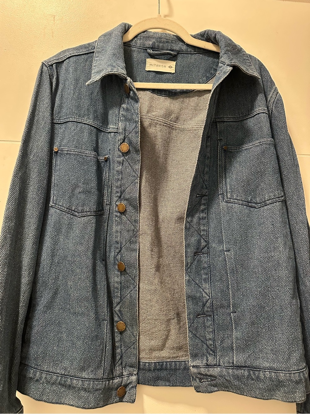 Women’s  Light Wash Denim Shirt Jacket by McTavish. 100% cotton
